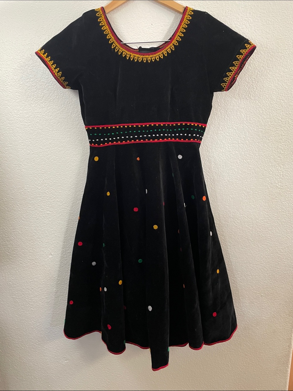 Black Velvet Dress Embroidery polka dot full skirt festival ethnic tribal 18x36